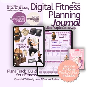 Könnte beinhalten: Digitales Fitness-Planungsjournal in Lilapurpur. Das Journal enthält 474 PNG-Journalaufkleber und 50 Hyperlink-Seiten. Es enthält einen Anfänger-Workout-Plan für zu Hause. Kompatibel mit Goodnotes, Notability und vielen mehr.