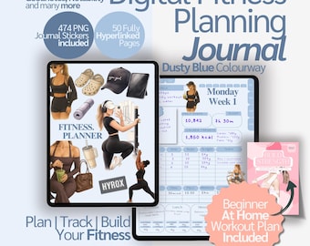 Digital Fitness Planner | 4 Week Workout and Weight Loss Journal | Trainer Designed Health and Meal Tracker for iPad GoodNotes – Dusty Blue