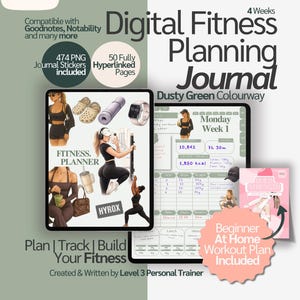 May include: Digital fitness planning journal in a dusty green colourway. Includes 474 PNG journal stickers and 50 hyperlinked pages. Features a beginner at-home workout plan. Compatible with Goodnotes, Notability, and more.
