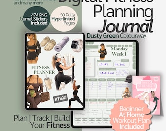 Digital Fitness Planner | 4 Week Workout and Weight Loss Journal | Trainer Designed Health and Meal Tracker for iPad GoodNotes– Dusty Green