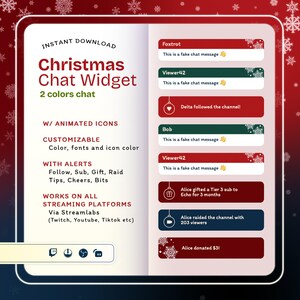 May include: A digital Christmas Chat Widget with animated icons and customisable colours, fonts, and alerts. The widget is designed for streaming platforms like Twitch, YouTube, and TikTok. The image shows example chat messages.
