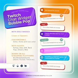 May include: A digital graphic advertising a Twitch Chat Widget Bubble Pop. The design features a purple and blue banner with the text "Twitch Chat Widget Bubble Pop." It includes example chat messages with role badges and customisable options.