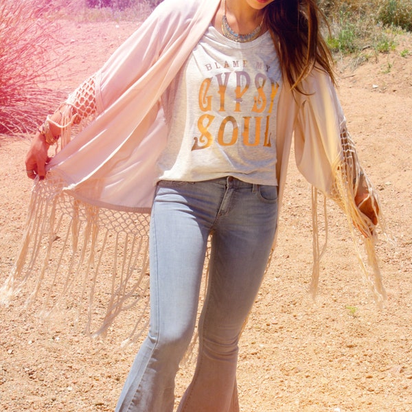 SMALL Gypsy Soul Shirt for the Free Spirited Bohemian. ROSE GOLD Copper foil on soft Melange Vintage Heather Dolman-style sleeve