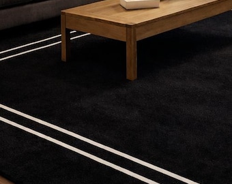 Modern Black Hand Tufted Wool Rug, Minimalist Geometric Area Rug, Luxury Handmade Carpet, Contemporary Living Room Rug, Custom Size
