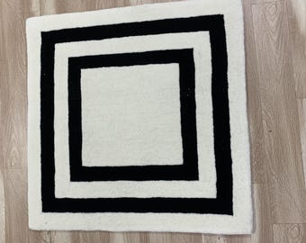 Black and Ivory Hand Tufted Wool Rug, Modern Geometric Square Area Rug, Minimalist Living Room Carpet, Custom Size Handmade Rug