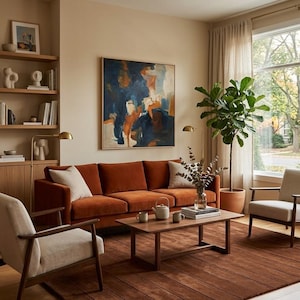 Könnte beinhalten: Ein Wohnzimmer mit einem rostfarbenen Samtsofa, zwei hellen Sesseln mit Holzrahmen und einem rechteckigen Couchtisch aus Holz. Über dem Sofa an einer beigen Wand hängt ein großes abstraktes Gemälde in Blau- und Orangetönen.