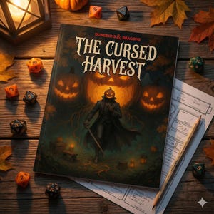 May include: A hardcover book titled "The Cursed Harvest" from Dungeons & Dragons, featuring a pumpkin-headed figure. The image includes orange and black dice, autumn leaves, and a lit lantern on a wooden surface.