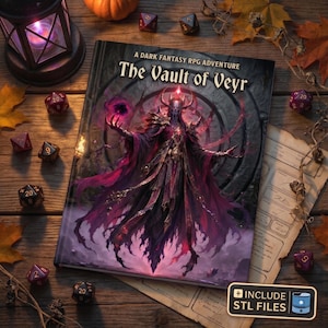 Op de afbeelding: Een hardcover rollenspelboek getiteld The Vault of Veyr, met een dark fantasy illustratie van een figuur met een kap in paarse en zwarte gewaden die een gloeiende bol vasthoudt, omringd door verspreide veelvlakdobbelstenen en een karakterblad.
