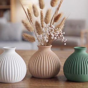 Può includere: Tre piccoli vasi rotondi e scanalati in bianco opaco, beige e verde salvia. Il vaso centrale contiene un bouquet di erbe essiccate e piccoli fiori bianchi. Ogni vaso presenta un collo stretto e un corpo sferico con striature verticali.