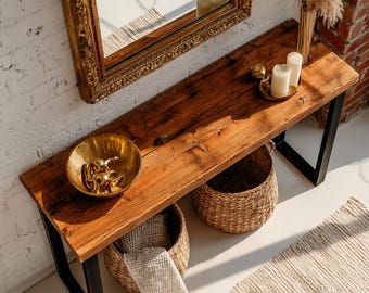 Houten consoletafel, massief houten consoletafel, handgemaakte rustieke walnoot live edge console, metalen poten
