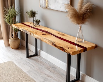 Rustieke massief houten console, console, houten console, houten console, rustieke console, Live Edge-console, handgemaakte console, massief houten console