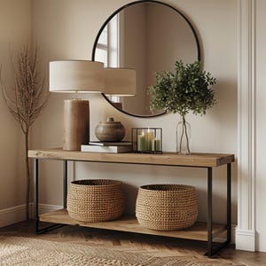 May include: A wooden console table with black metal legs, adorned with a lamp, decorative items, and two woven baskets. A large circular mirror reflects the room's decor. The table is against a neutral wall, creating a warm and inviting atmosphere. The overall style is rustic.
