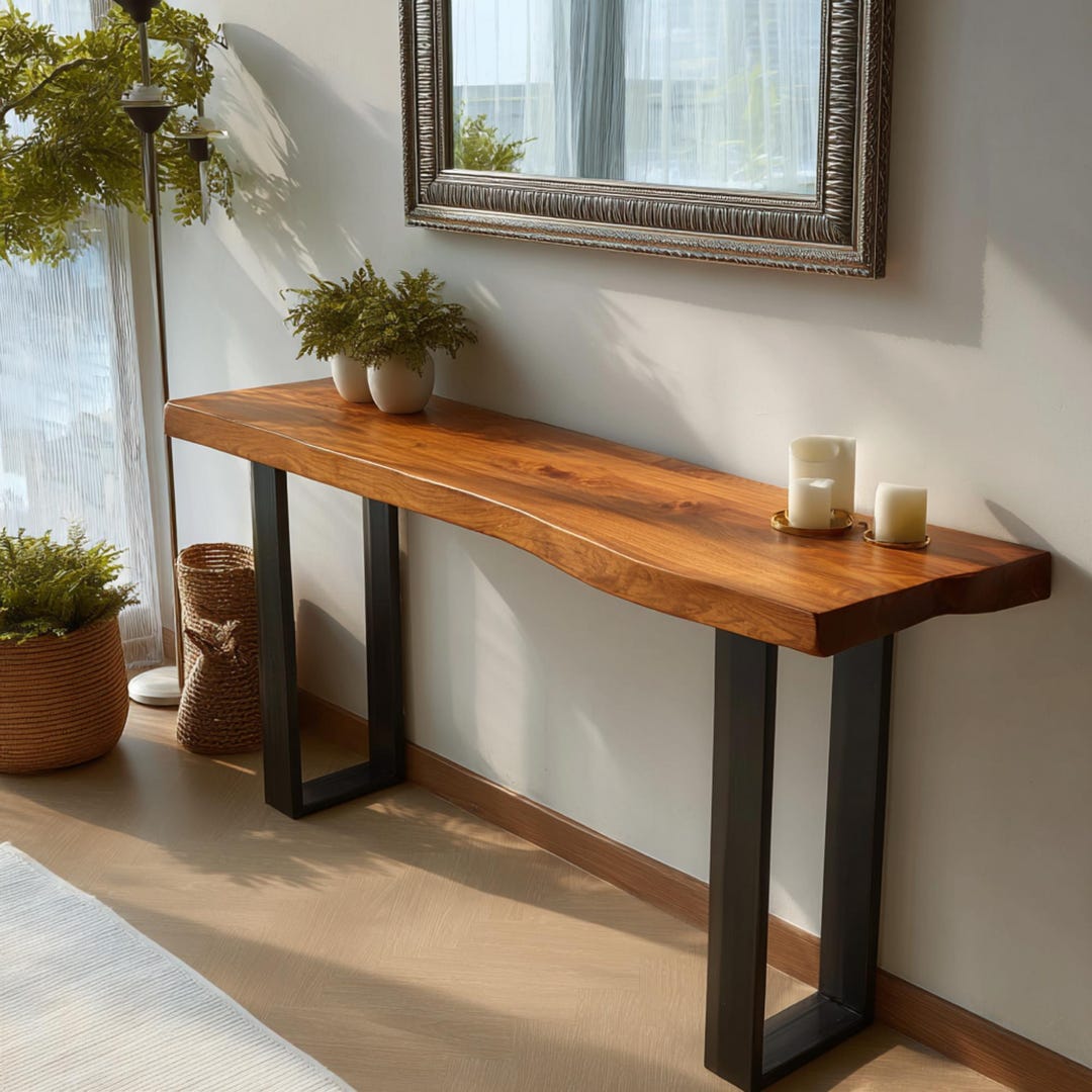 Handmade Rustic Walnut Console Table, Live Edge With Metal Legs - Etsy