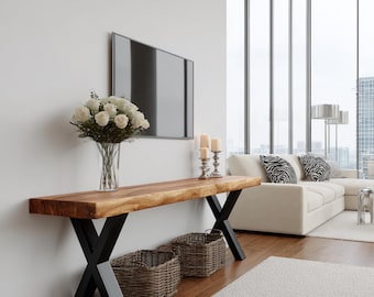 Handgemaakte console, handgemaakte kasttafel van verweerd notenhout, rustiek halmeubilair