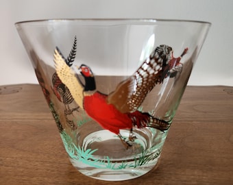 Vintage MCM Hazel Atlas Pheasant Glass Ice Bucket - Game Bird Mid Century Modern Barware