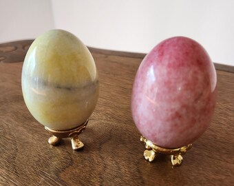 Vintage Carved Stone Eggs – Strawberry Quartz, Yellow Onyx with Gold Stands