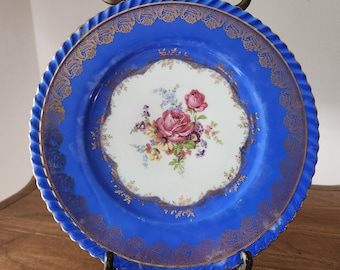 Vintage Parbus Bavaria Porcelain Plate, Cobalt Blue with Heavy Gilded Rose Border