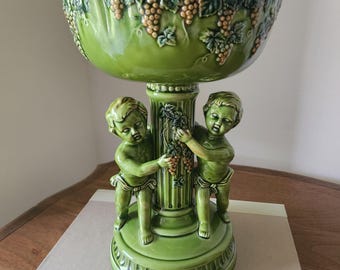 Vintage Majolica Style Cherub Pedestal Bowl – Green Ceramic Grape Compote Centerpiece
