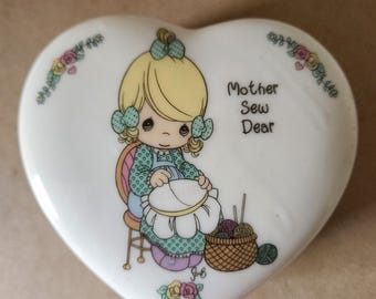 Vintage 1995 Precious Moments Heart Trinket Box - "Mother Sew Dear" Enesco Porcelain Jewelry Box