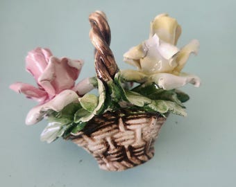 Vintage Capodimonte Italian Porcelain Flower Basket – Hand Crafted Pink & Yellow Roses
