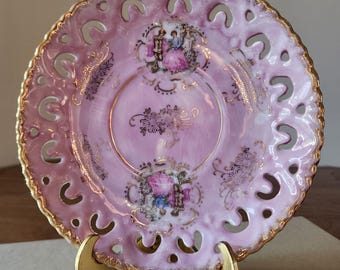 Vintage Pink Lusterware Reticulated Saucer - Courting Couple Motif