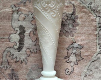 Vintage L.E. Smith Milk Glass Trumpet Vase, Embossed Stars Beads Scrolls Pedestal