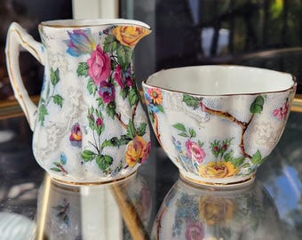 Vintage Elizabethan Fine Bone China Creamer & Sugar Bowl Set, Birds and Floral Chintz