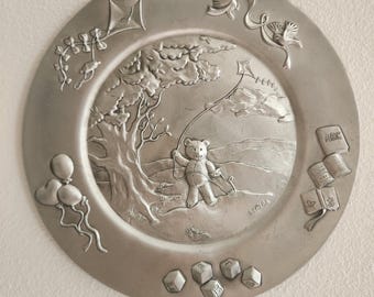 Vintage 1992 Seagull Pewter Teddy Bear Nursery Plate - Made in Canada