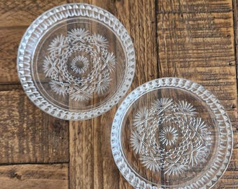 Vintage Cut Glass Round Coasters - Set of 2 Sunburst Star Pattern