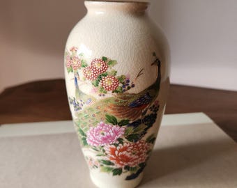 Vintage Japanese Satsuma-Style Bud Vase - Peacock & Peony Crackle Glaze