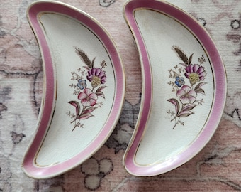 Antique Ironstone Bone Dishes, Pink Border Floral Crescents, SPCo England, Set of 2