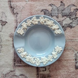 May include: A round, light blue ceramic ashtray featuring a raised, white relief pattern of grapevines and leaves encircling the rim. The center of the ashtray is smooth and concave, with three distinct notches spaced evenly along the outer edge.