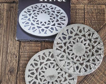 Vintage Leonard Silver Plated Glass Insulated Trivets, Etched Floral Openwork, Set of 2