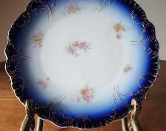 Antique LS&S Carlsbad Austria Flow Blue Floral Plate, Gold Gilt Scalloped Edge
