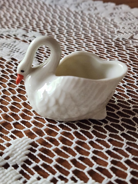 Vintage Gemma Czechoslovakia Porcelain Swan Figurine, Miniature White Swan Trinket Dish