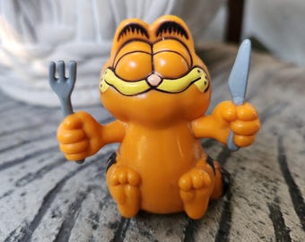 Vintage Garfield Figurine Holding Fork and Knife, 1980s United Feature Syndicate PVC Toy