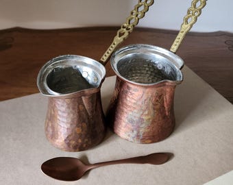 Vintage Hand-Hammered Copper Turkish Coffee Pot Set – Brass Filigree Handles Cezve