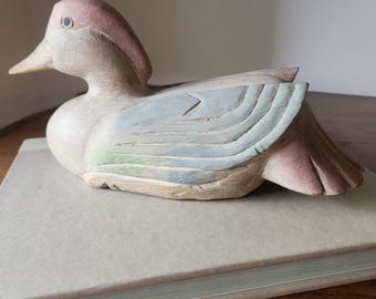 Vintage Pastel Painted, Hand-Carved Wooden Duck Folk Art Figurine