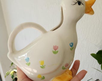 Vintage Ceramic Duck Water Pitcher, 1980s Farmhouse Watering Can