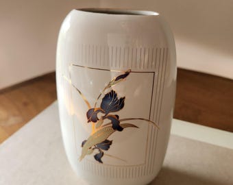 Vintage Otagiri Japan Grand Iris Vase - Gold Trim Porcelain 6" Oval Vase