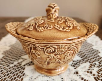 Vintage Steubenville Epicure Cognac Lidded Sugar Bowl, Hand-Glazed 1985, Rose Floral Relief