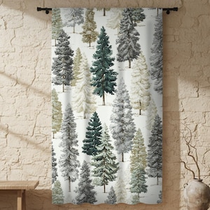 May include: A curtain with a repeating pattern of evergreen trees in shades of green, gray, and white. The trees are depicted in a detailed, artistic style against a white background. The curtain is hanging on a black rod.