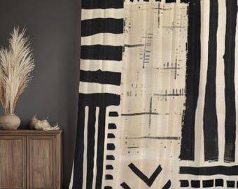 Mudcloth Blackout Curtain, African Tribal Art Drapes, Black White Rod Pocket Panel, Ethnic Geometric Window Cover, Rustic Home Decor Gift