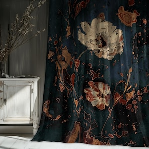 May include: Dark teal curtain panel featuring a large floral design. The flowers are white and rust-coloured, with intricate details and a marbled effect. The curtain has a flowing, textured appearance, adding elegance to any room.