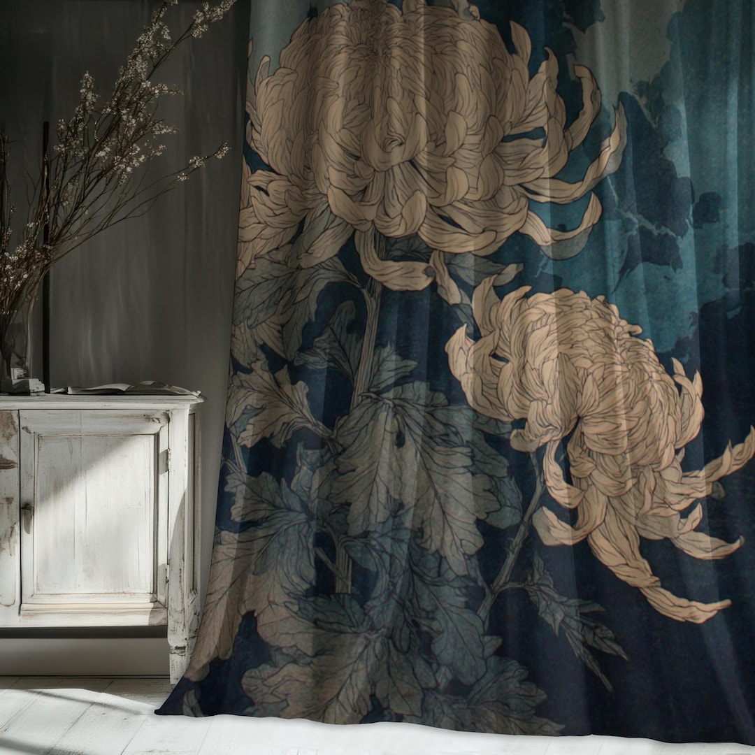 Japanese Style Chrysanthemum Blackout Curtains, Full Moon Midnight ...