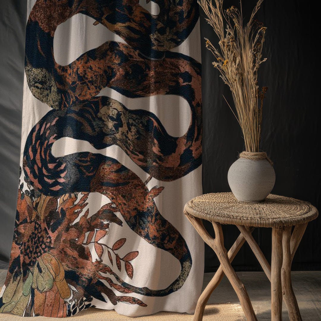 Snake Curtains Large Snake and Flowers Blackout Curtains, Exotic Botanical Snake ...