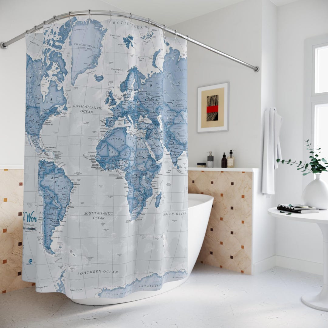 Blue World Map Shower Curtain, Educational Political Map Bath Decor ...