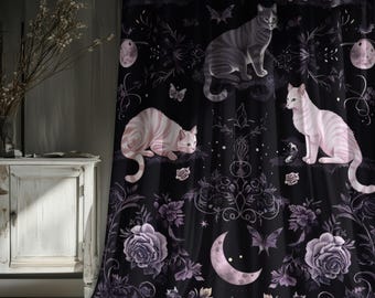 Mystische Katzen und Rosen Verdunkelungsvorhänge, Gothic Himmlische Mond Fenster Dekoration, Dunkle Cottagecore Witchy Garten Gardinen, Haustier Paneele