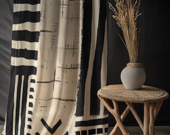 Mudcloth Blackout Curtain, African Tribal Art Drapes, Black White Rod Pocket Panel, Ethnic Geometric Window Cover, Rustic Home Decor Gift