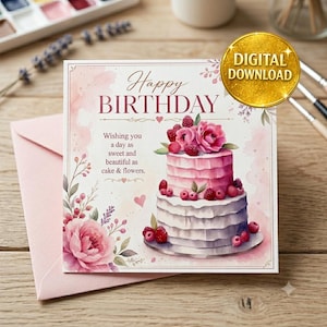 Peut inclure: Une carte de vœux d'anniversaire carrée illustrée d'un gâteau à deux étages avec un glaçage rose, des framboises et des fleurs roses. Le texte indique Happy BIRTHDAY et Wishing you a day as sweet and beautiful as cake & flowers.